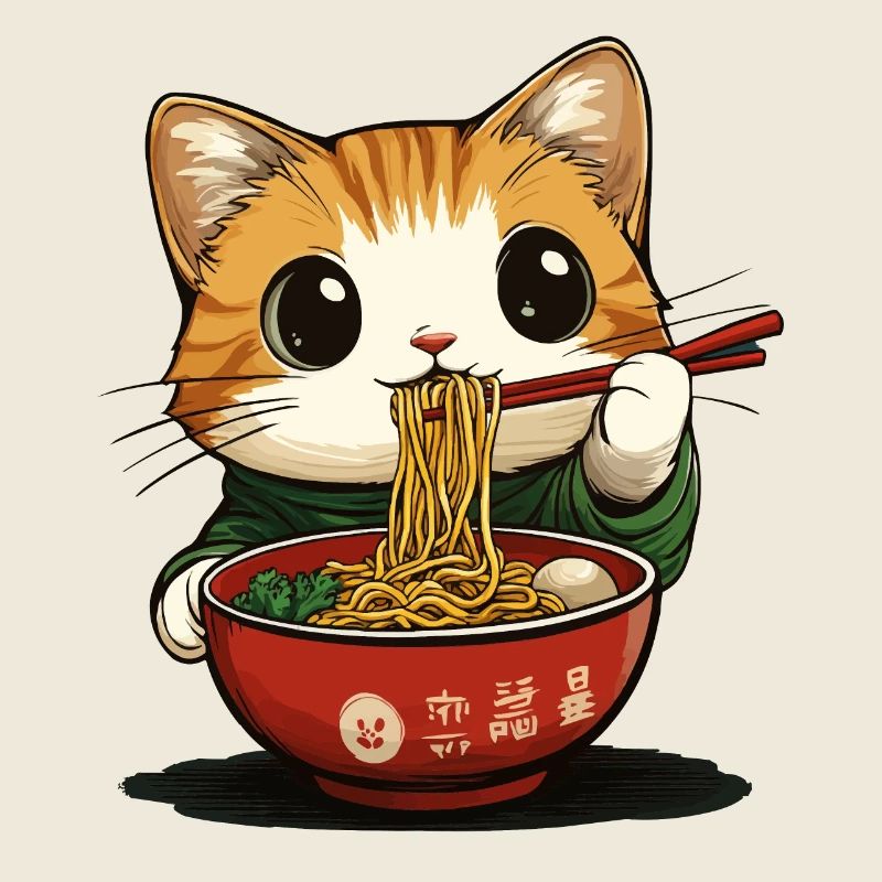 Drôle de chat avec des ramen