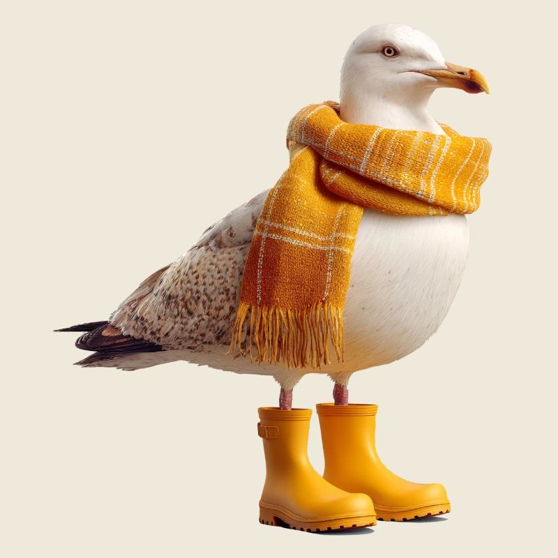 Humorous seagull with rain boots and scarf