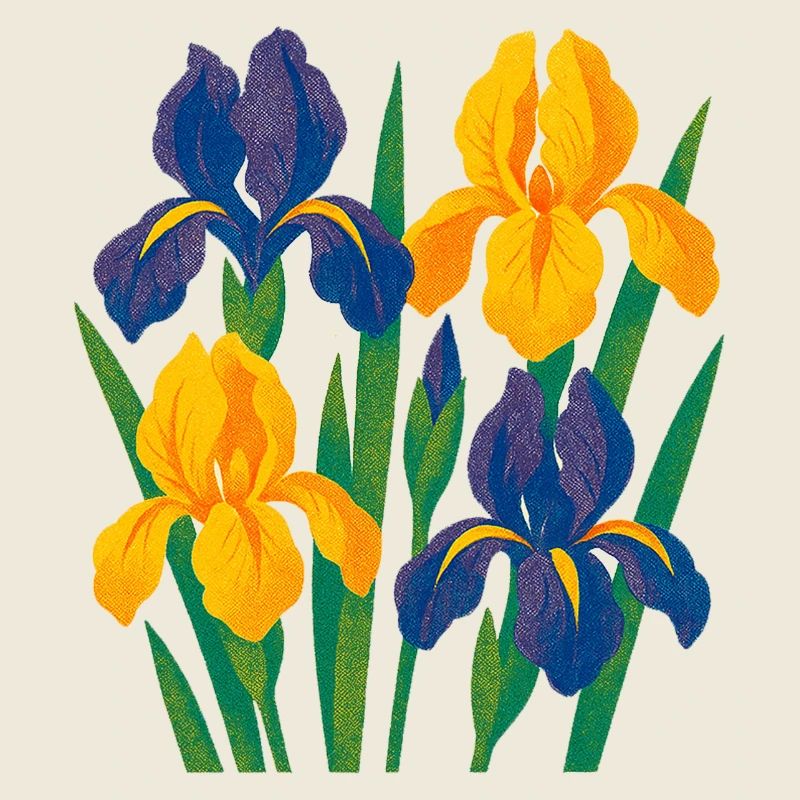 Harmonie d’iris : Fleurs dorées et indigo