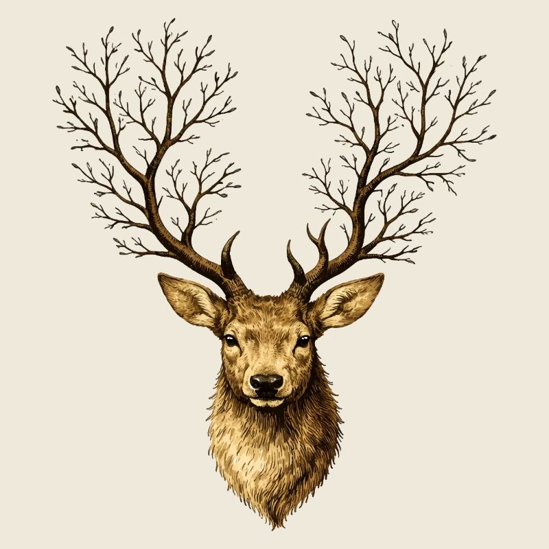 Hirschkopf mit Baumgeweih – Mystischer Waldgeist