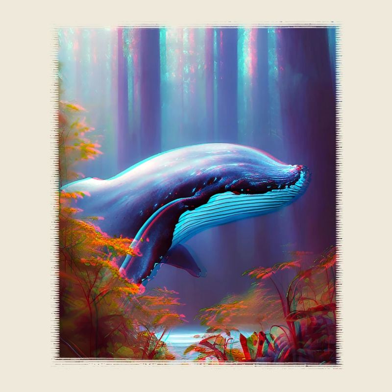 Baleine bleue planant à travers la forêt Surréalisme