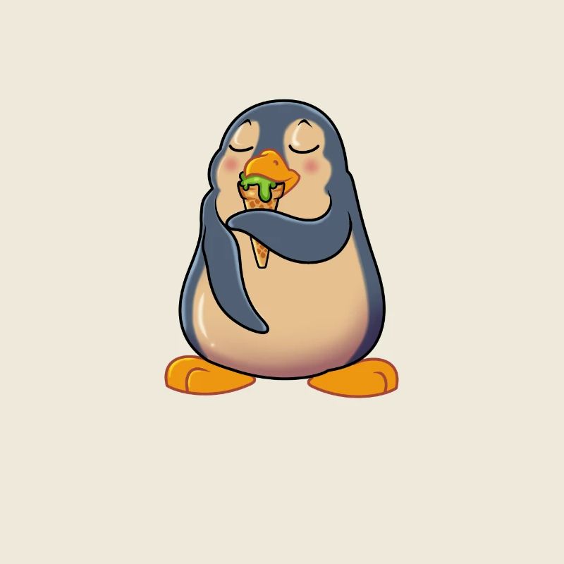 Comic penguin enjoys ice cream cone