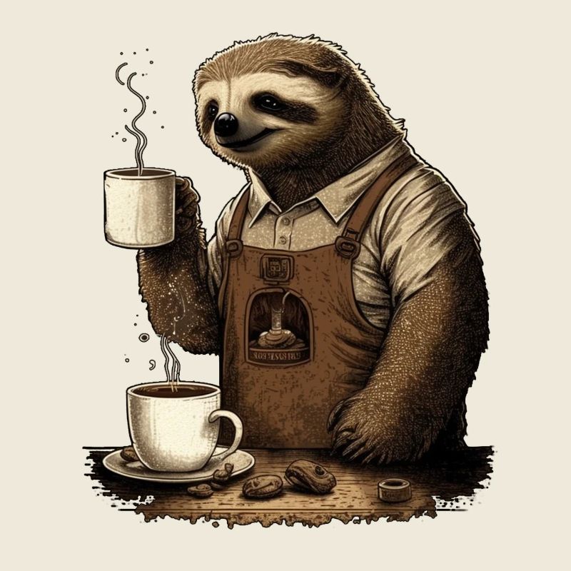 Sloth with apron and cups with fragrant coffee