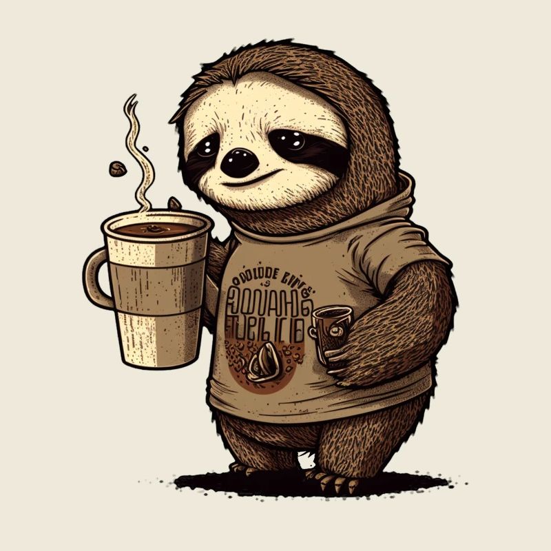 tired sloth with huge coffee mug
