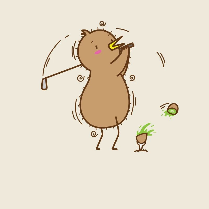 Kiwi plays golf, kiwi bird and fruit