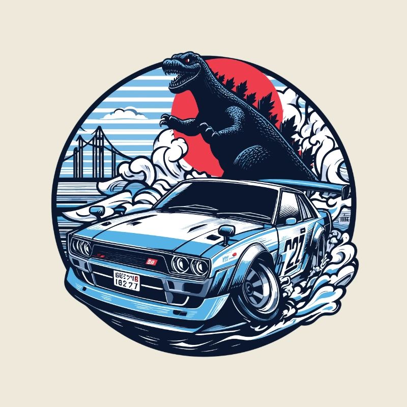 Auto im japanischen Stil hinter Monster und Regenbogen, JDM