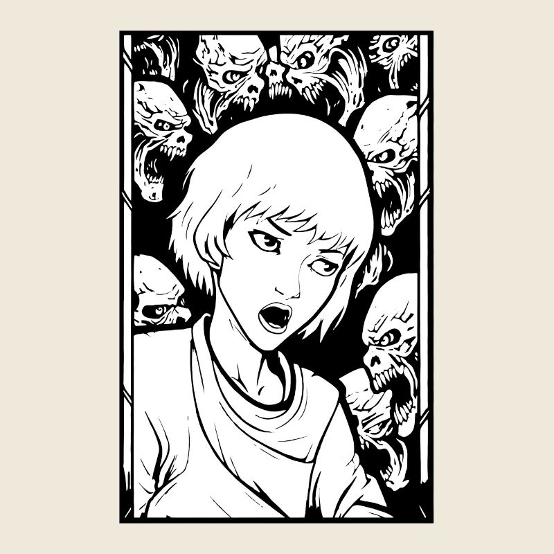 Femme de dessin animé et démons effrayants