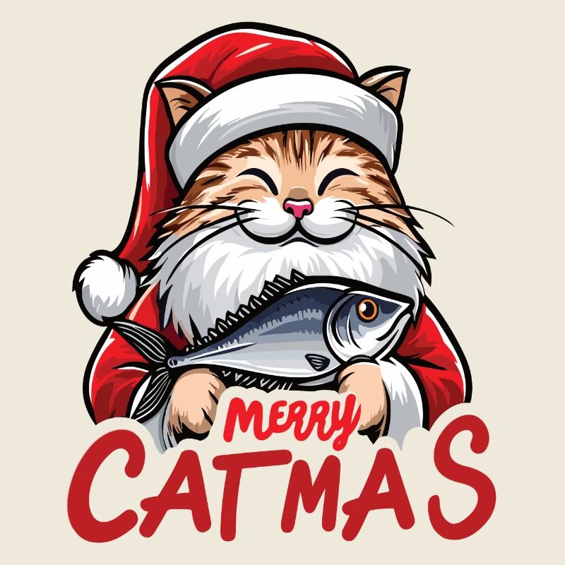 Fette Katze als Weihnachtsmann mit Thunfisch, Merry Catmas