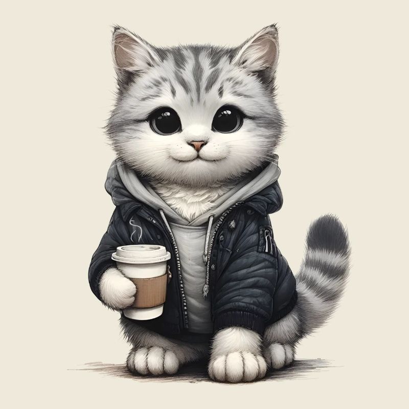 Cute little cat with coffee mug and jacket