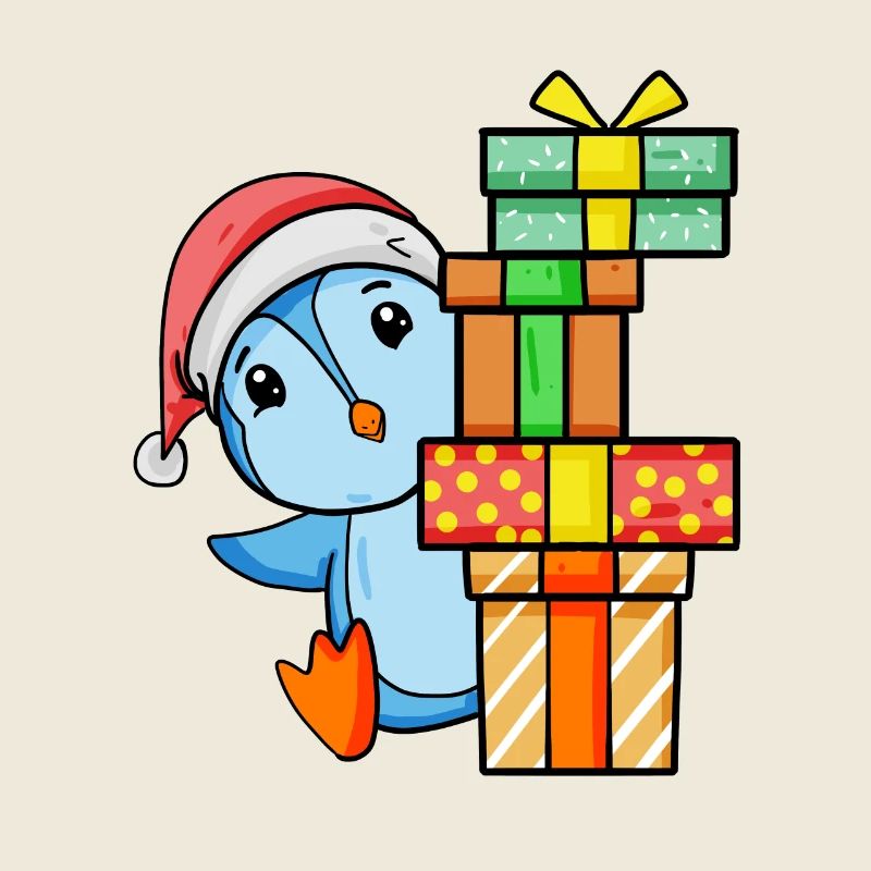 Pingouin avec chapeau de père Noël et cadeau de Noël