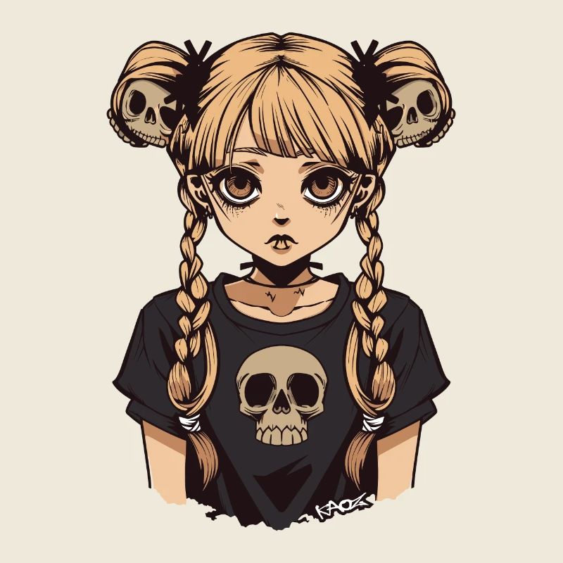 Anime Emo Mädchen mit Zöpfen und Totenköpfen