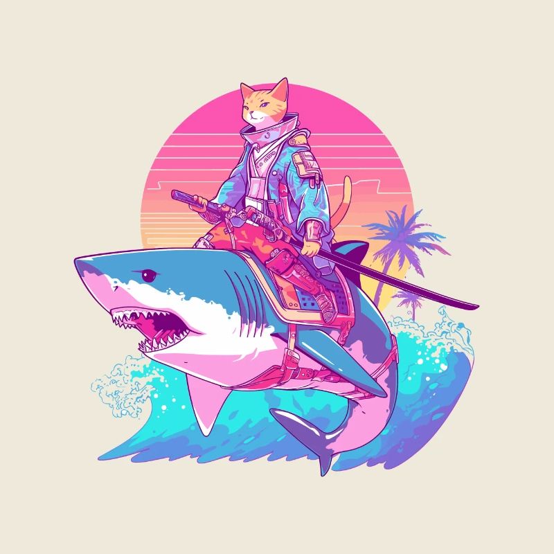 Samurai Katze auf einem Haifisch 80s