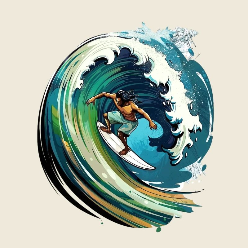 Surfeur sur une grosse vague dans une illustration 2D
