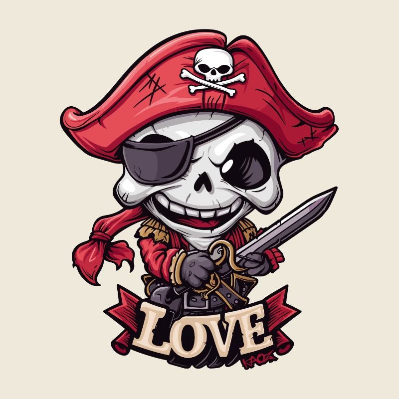 Chibi Cool and Funny Love Pirate Skeleton