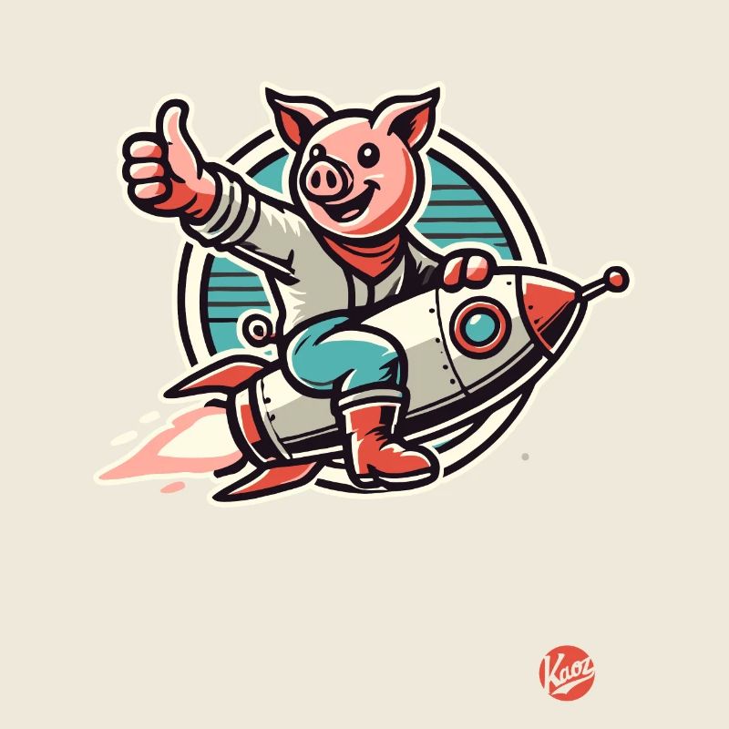Daumen hoch, ein Schwein auf einer Rakete
