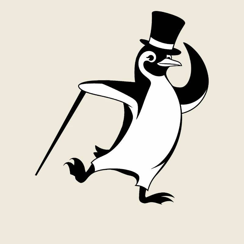 Pingouin élégant avec chapeau haut de forme et bâton de marche
