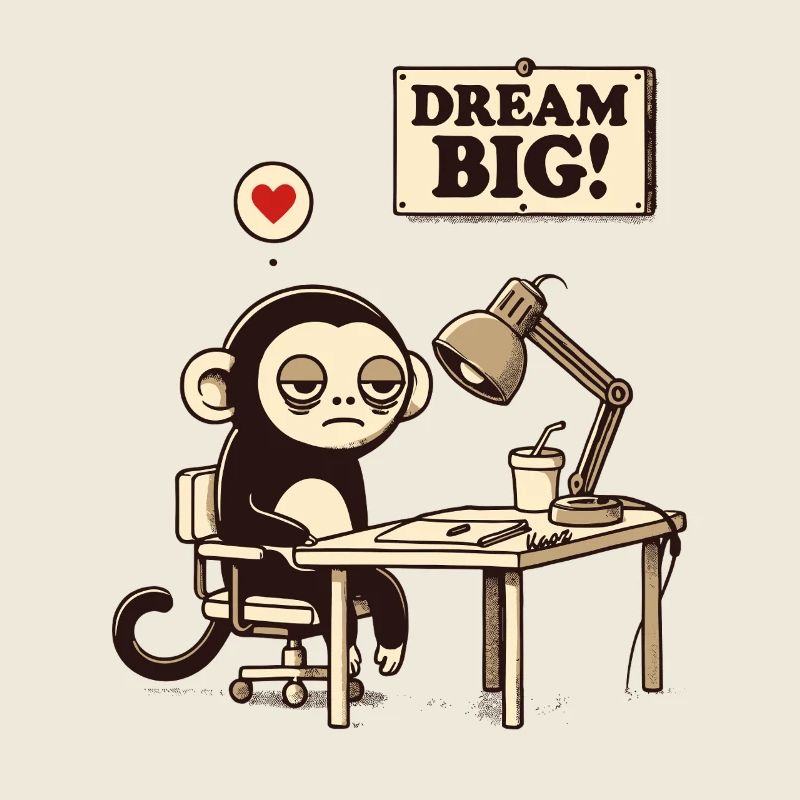 Demotivated monkey in the office with "Dream Big"