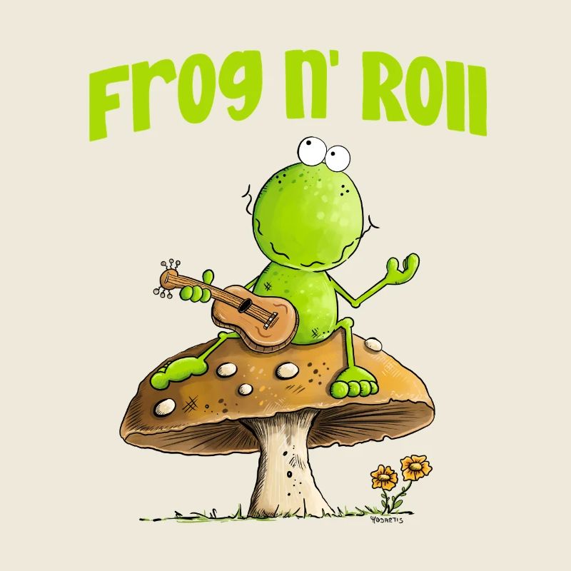 grenouille avec guitare d’activité champignon cottagecore