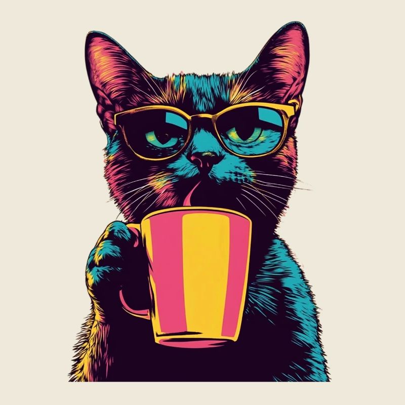 Chat rétro avec verres et café