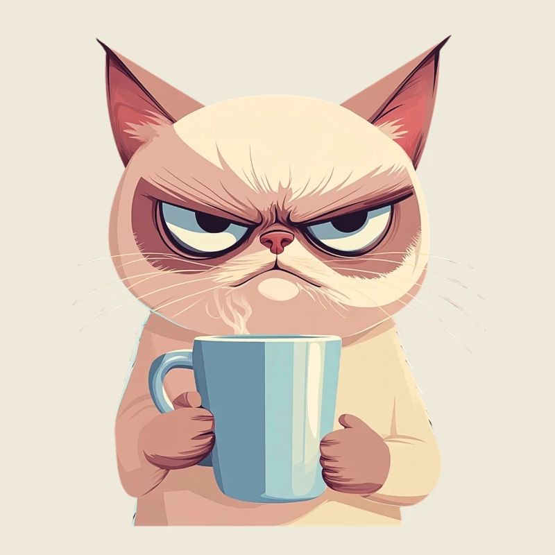 Grumpy-Stil: Grantige Katze mit Kaffee