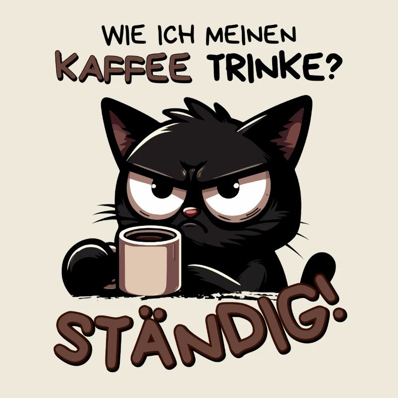 Kaffee. Ständig. Schwarze Katze mit Koffeinblick