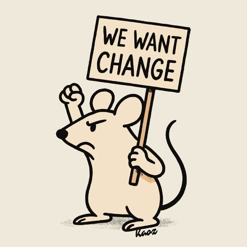 Protest-Maus mit Schild: „Wir wollen Wandel“