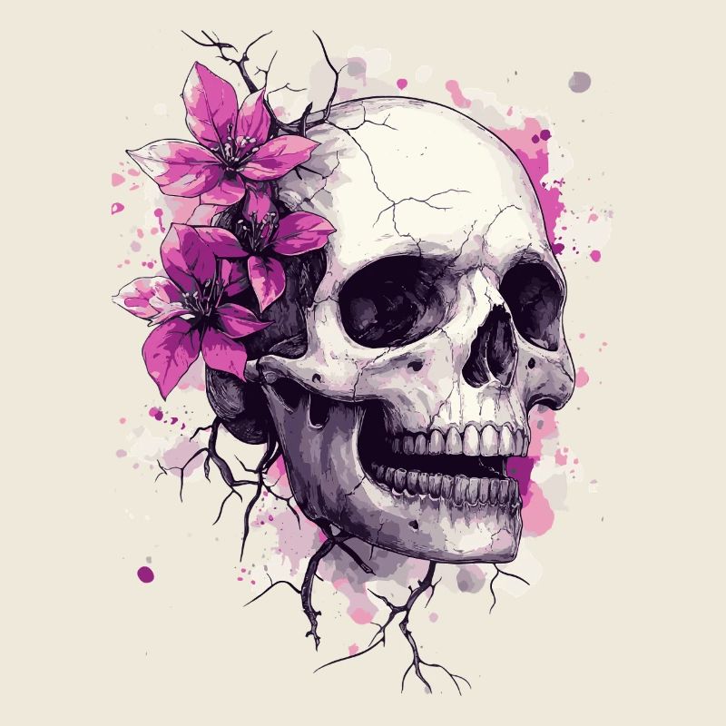 Crâne avec des fleurs roses et des éclaboussures de couleur