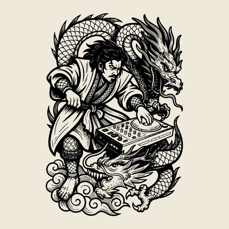 DJ Shirt: Samurai am Techno Mischpult mit Drachen