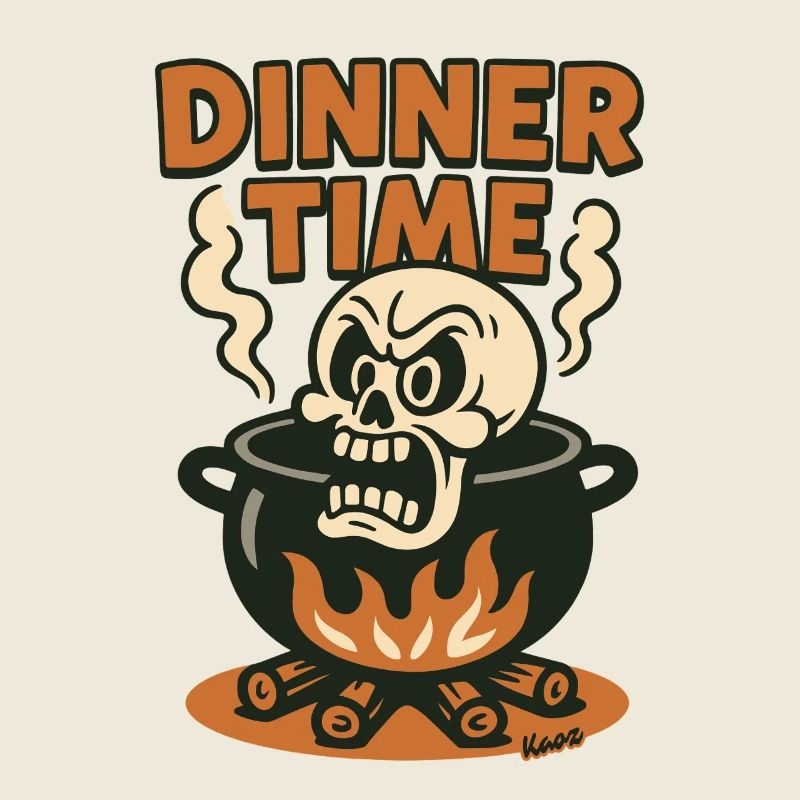 Angry skull in cooking pot for dinner