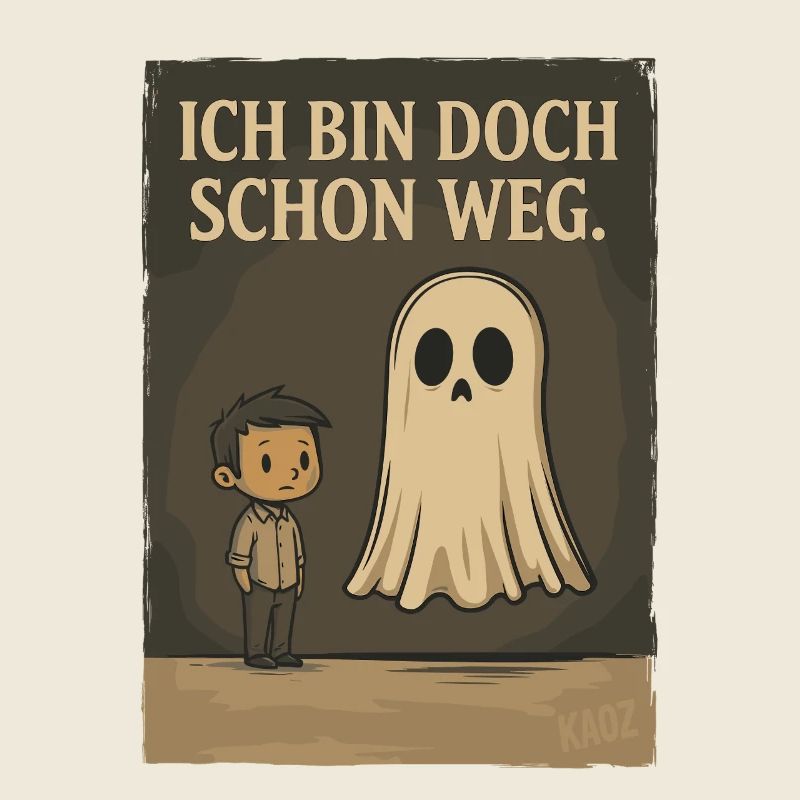 Junge mit Geist und Text „Ich bin doch schon weg“