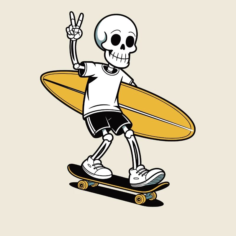 Skeleton with skateboard, surfboard. Peace Sign