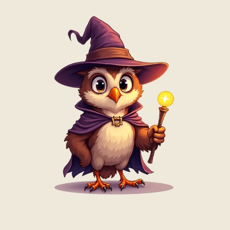 Magical owl wizard with magic wand