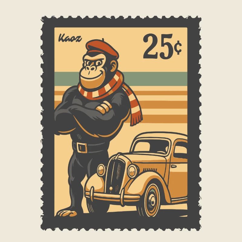 Vintage Monkey Car Postage Illustration