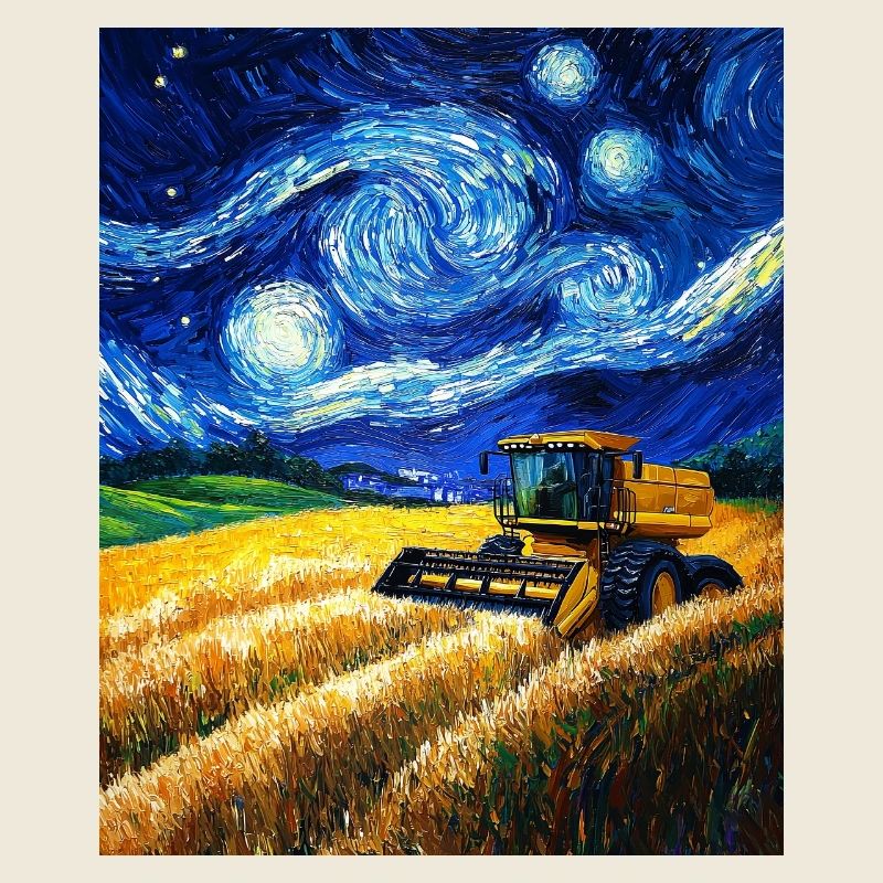 Combine Harvester Farmer Van Gogh Style Starry