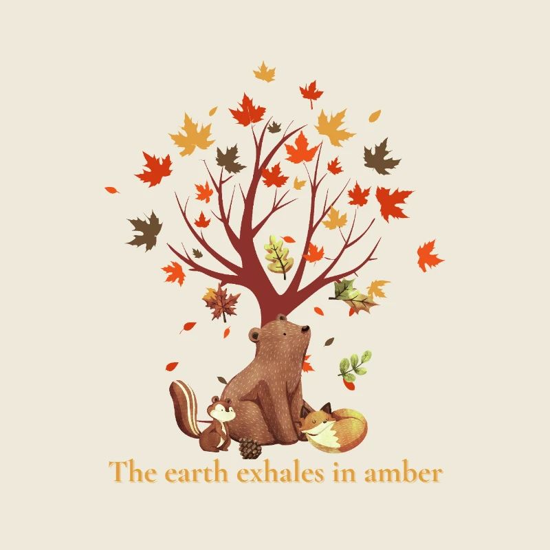 Waldtiere mit Herbstbaum und Spruch