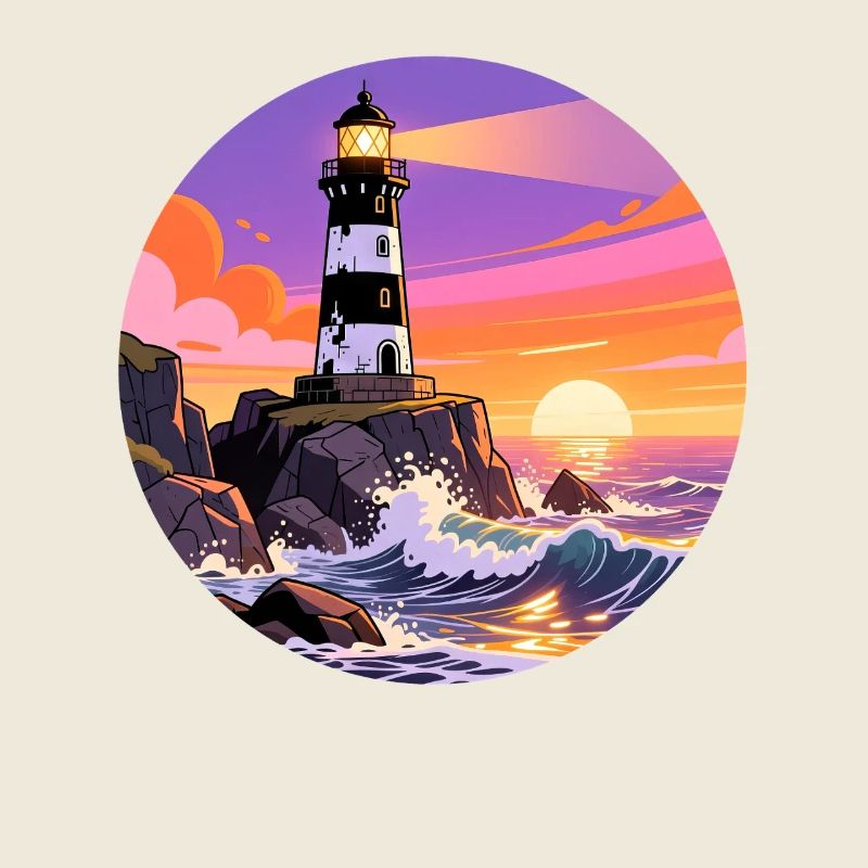 phare au bord de la mer coucher de soleil de style bande dessinée