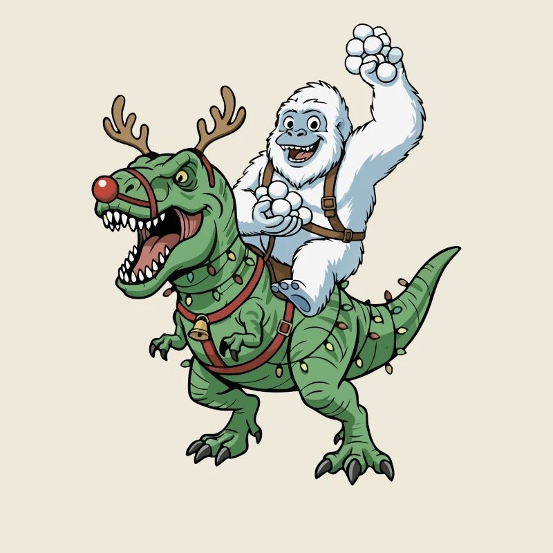 Yeti reitet T-Rex Lustiger Weihnachtsdinosaurier