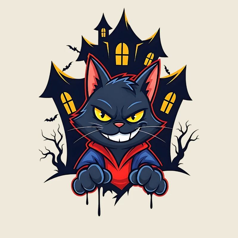 Chat souriant devant une maison hantée