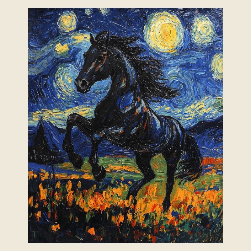Cheval Chevaux Cavalier Style Van Gogh Nuit étoilée