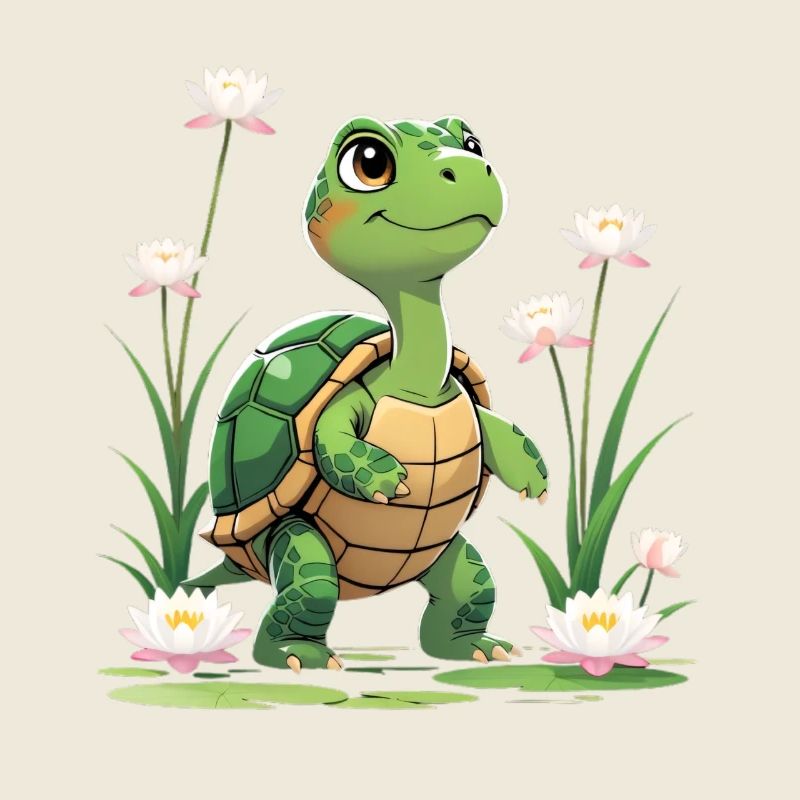 Tortue heureuse dans une mer de fleurs