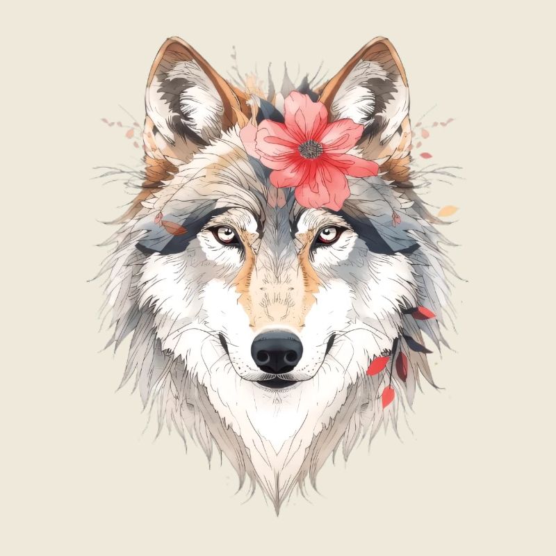 Wolfskopf mit Blumenkranz
