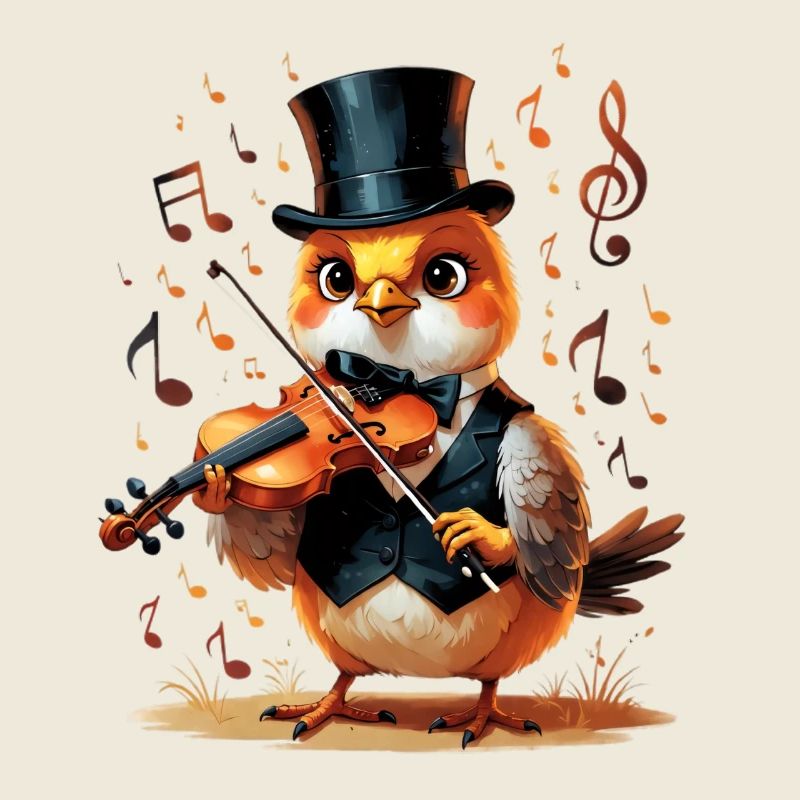 Un oiseau au chapeau haut de forme joue du violon