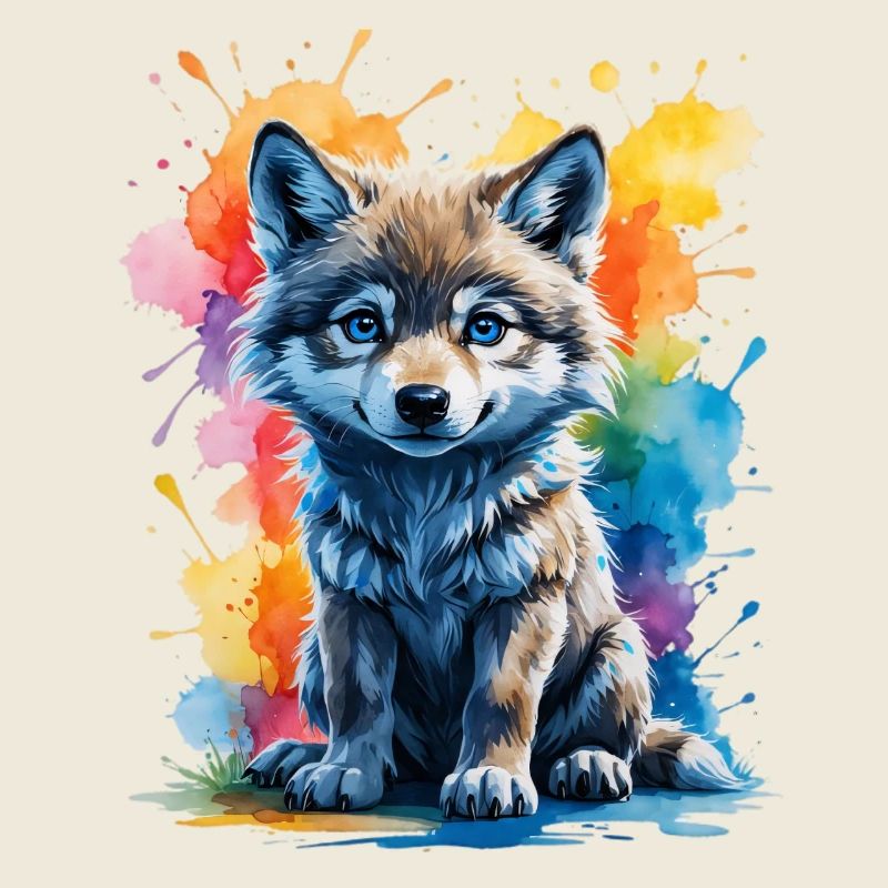 Aquarelle louveteau chiot en couleur éclaboussure