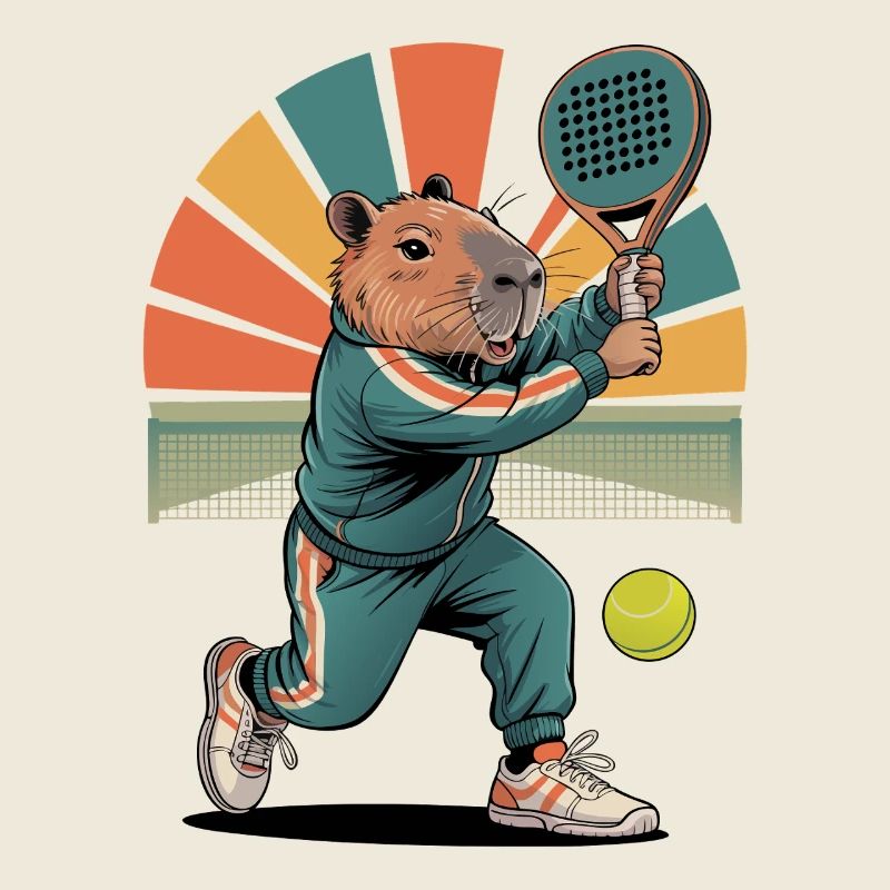 Capybara joue au padel dans un style rétro