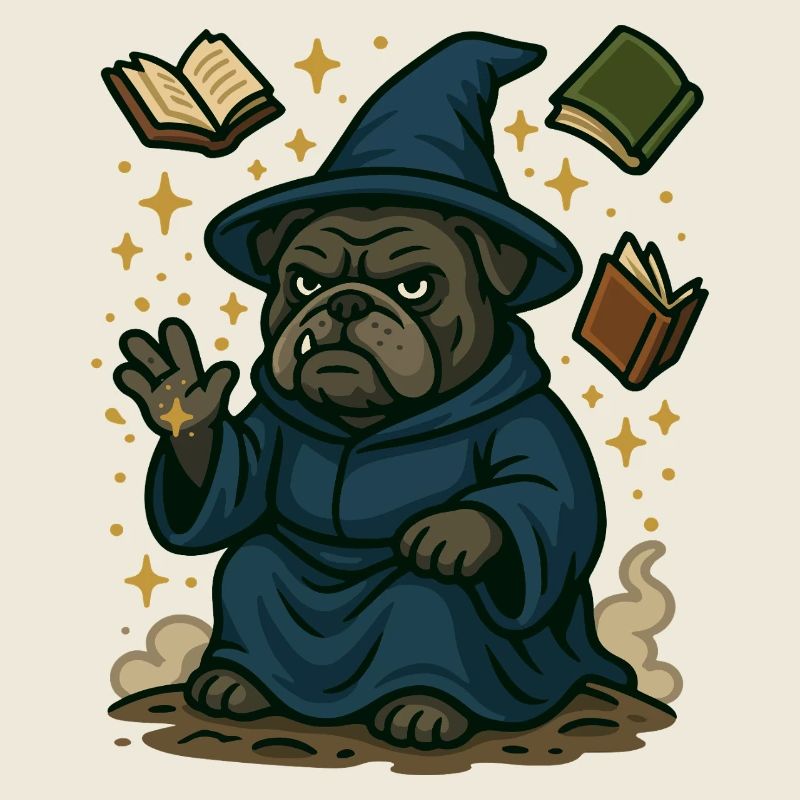 Bulldog Wizard Casting Magic Fantasy Cartoon