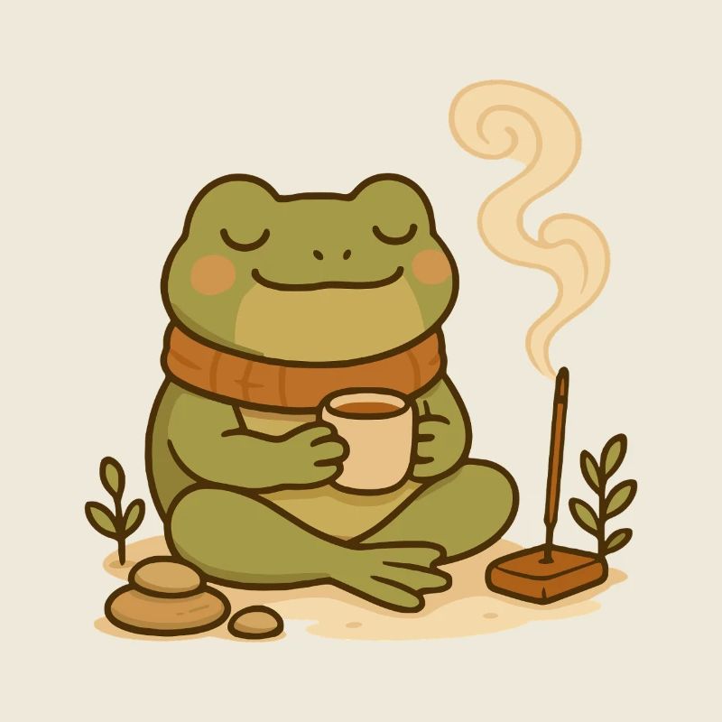 Grenouille consciente avec thé et bâtonnets d’encens