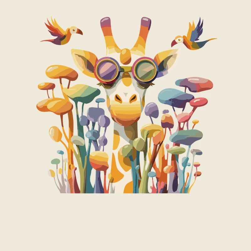 Girafe dans un jeu de couleurs avec une forêt de champignons