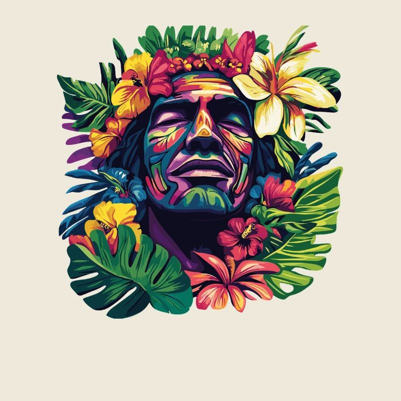 Tropischer Gesichtskopf mit Blumenkranz