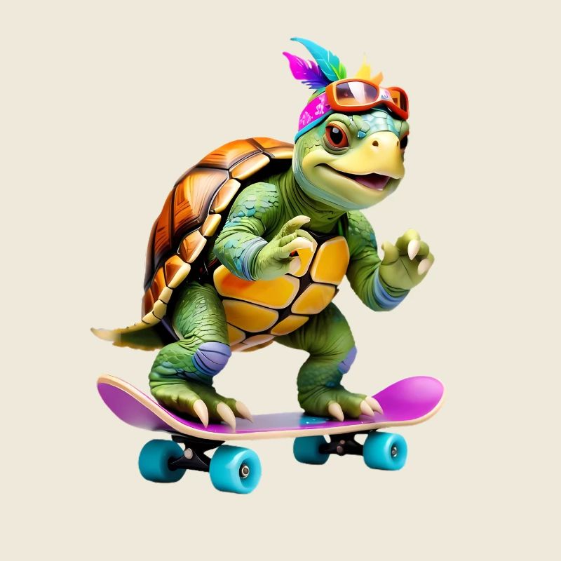 Skateboard turtle with color feathers