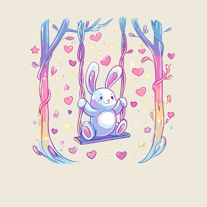 Bunny on swing in the heart rain